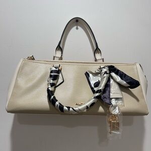Aldo Cream Satchel with Black-Trimmed Handles and Twill Scarf